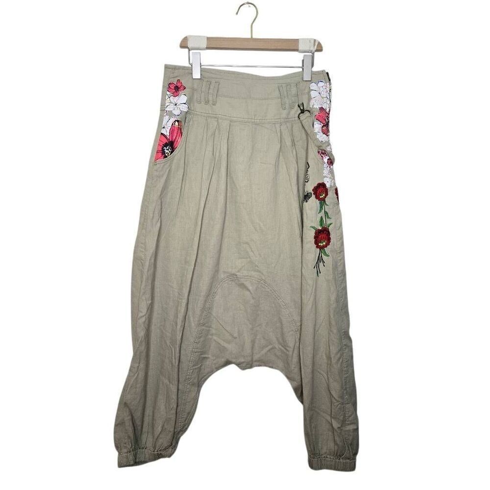 Desigual Womens Size 30 Beige Floral Embroidered Harem Pants Drop-Crotch